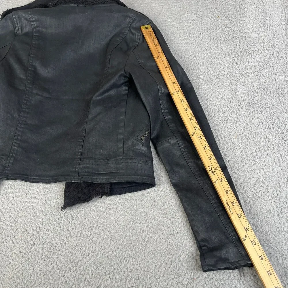 FREE PEOPLE Denim Jacket Women 4 Black Open Knit Front Zip Pocket Cuf Biker Moto - Picture 7 of 12